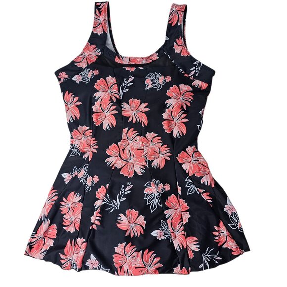 Women's Black & Pink Tropical Floral Print Modest One Piece Swim Dress Size 2XL - Picture 1 of 13